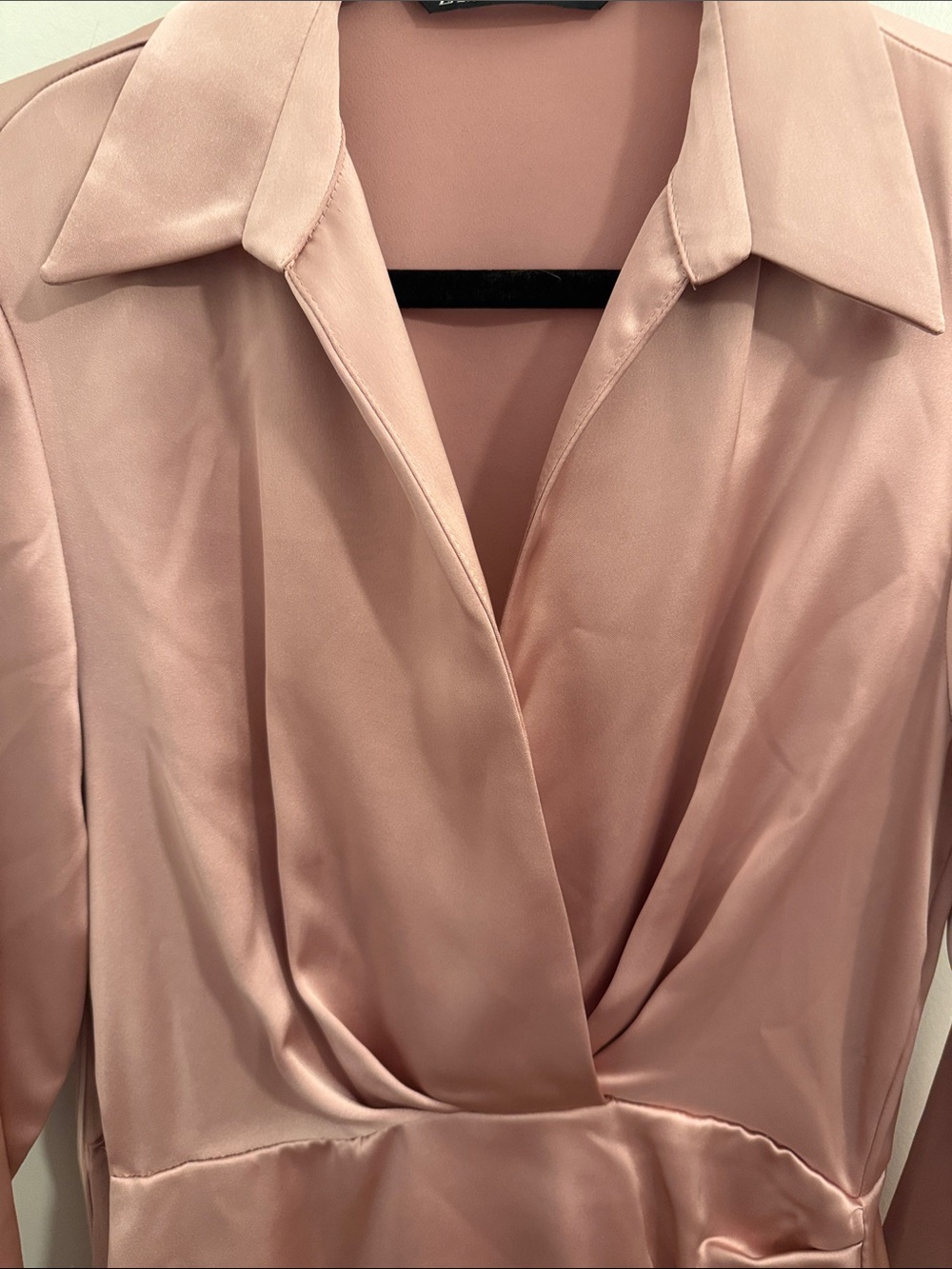Zara Blush Pink Satin Wrap-Style Long Sleeve Dress - Picture 3 of 6